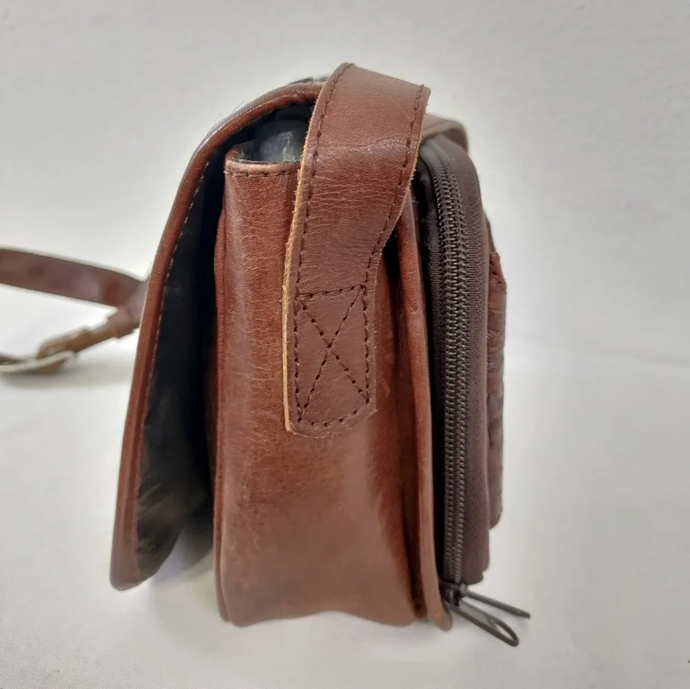 Leaders In Leather Vntg Tooled Leather Pony Hair Flap Messenger Crossbody Bag